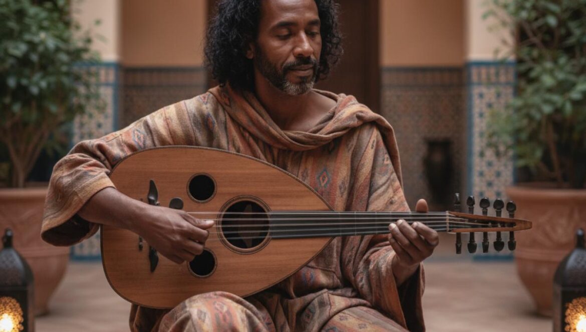 Musicien nord-africain jouant un luth à cinq cordes dans une cour andalouse, lumière chaude du soir.