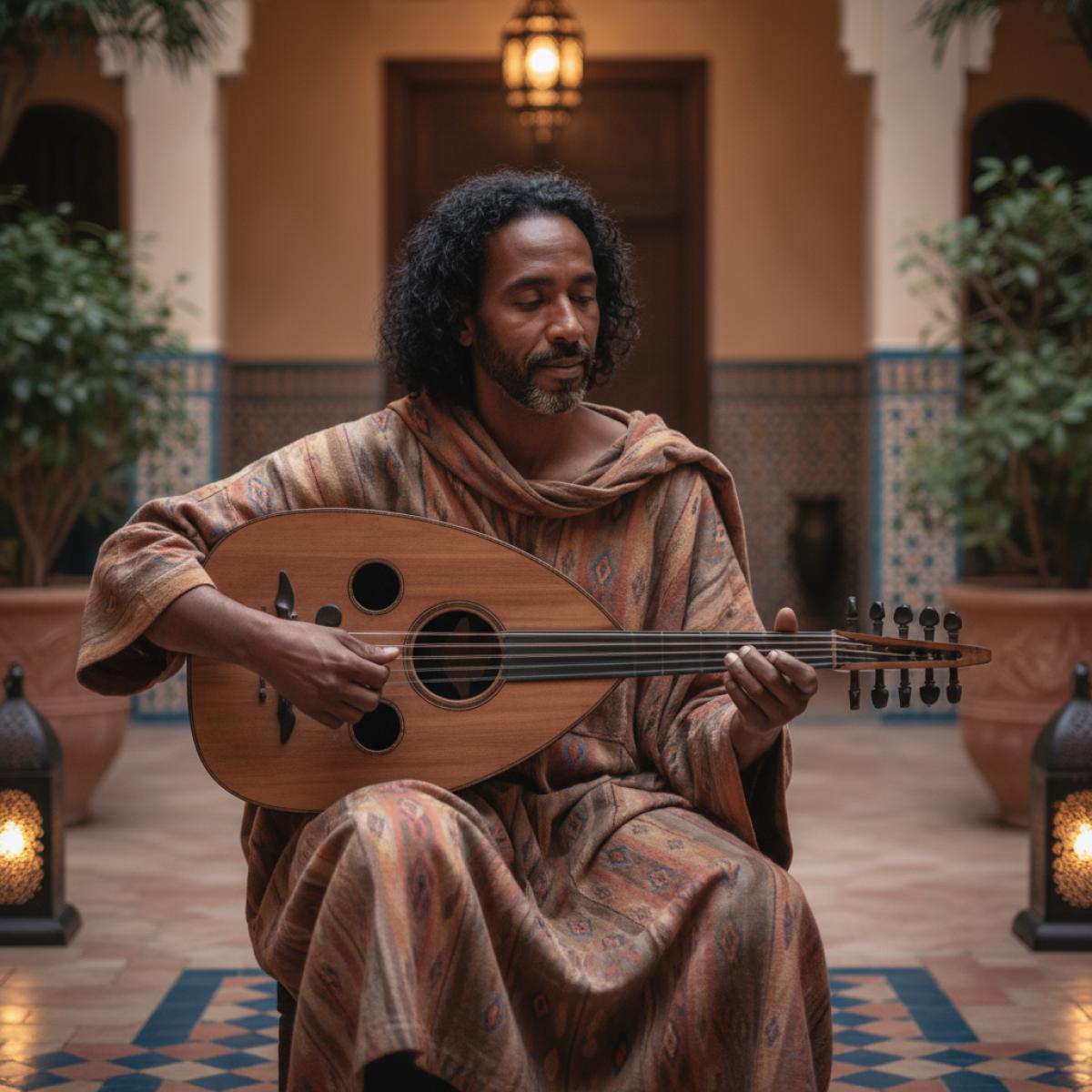 Musicien nord-africain jouant un luth à cinq cordes dans une cour andalouse, lumière chaude du soir.