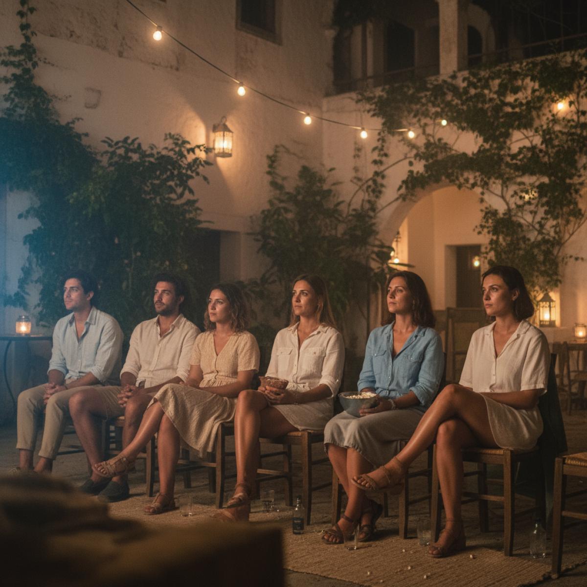Jeunes spectateurs regardant une séance de cinéma en plein air dans une cour blanche, ambiance nocturne chaleureuse.