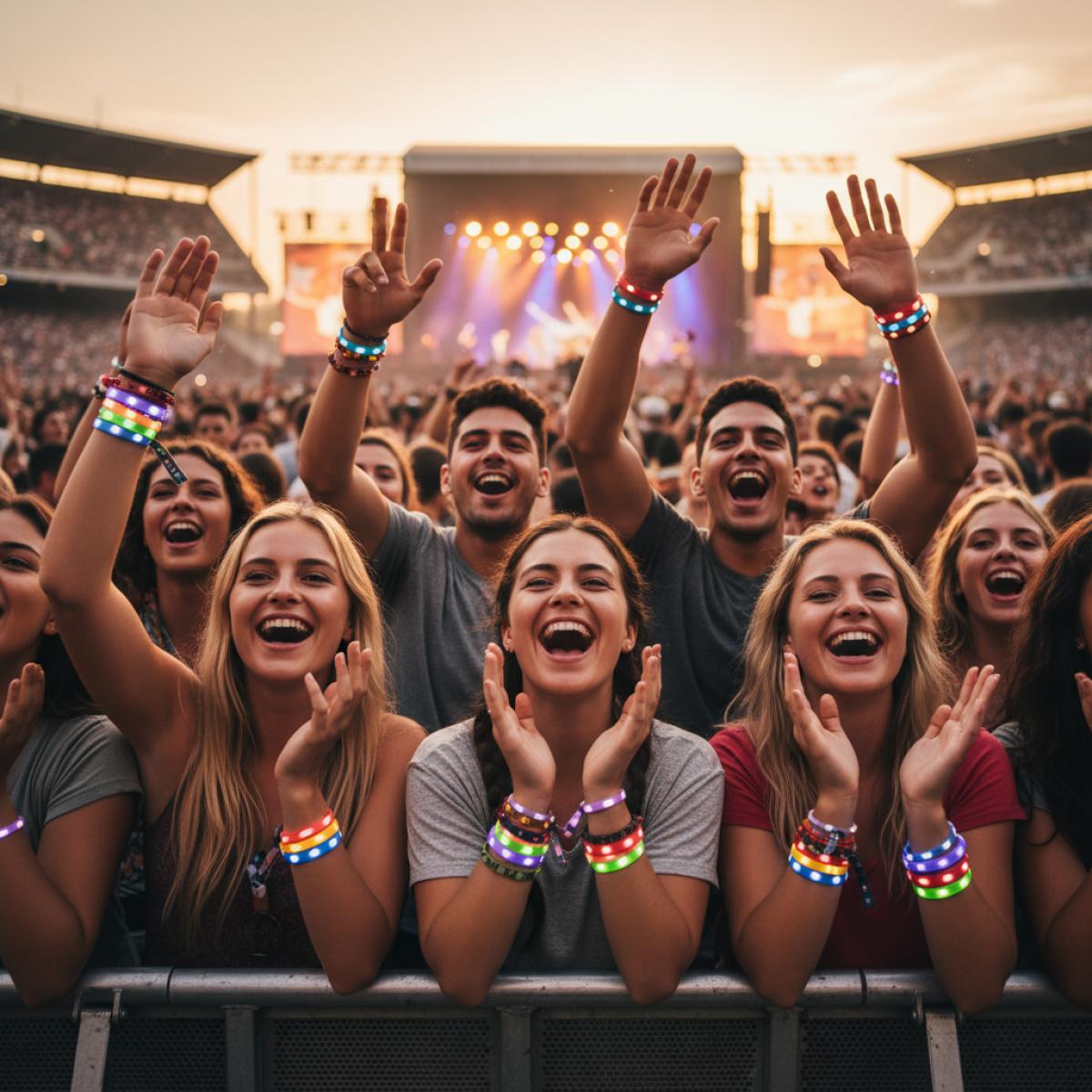 Jeunes spectateurs au cœur d’une grande arène en plein air, bras levés, lumières chaudes au coucher du soleil.