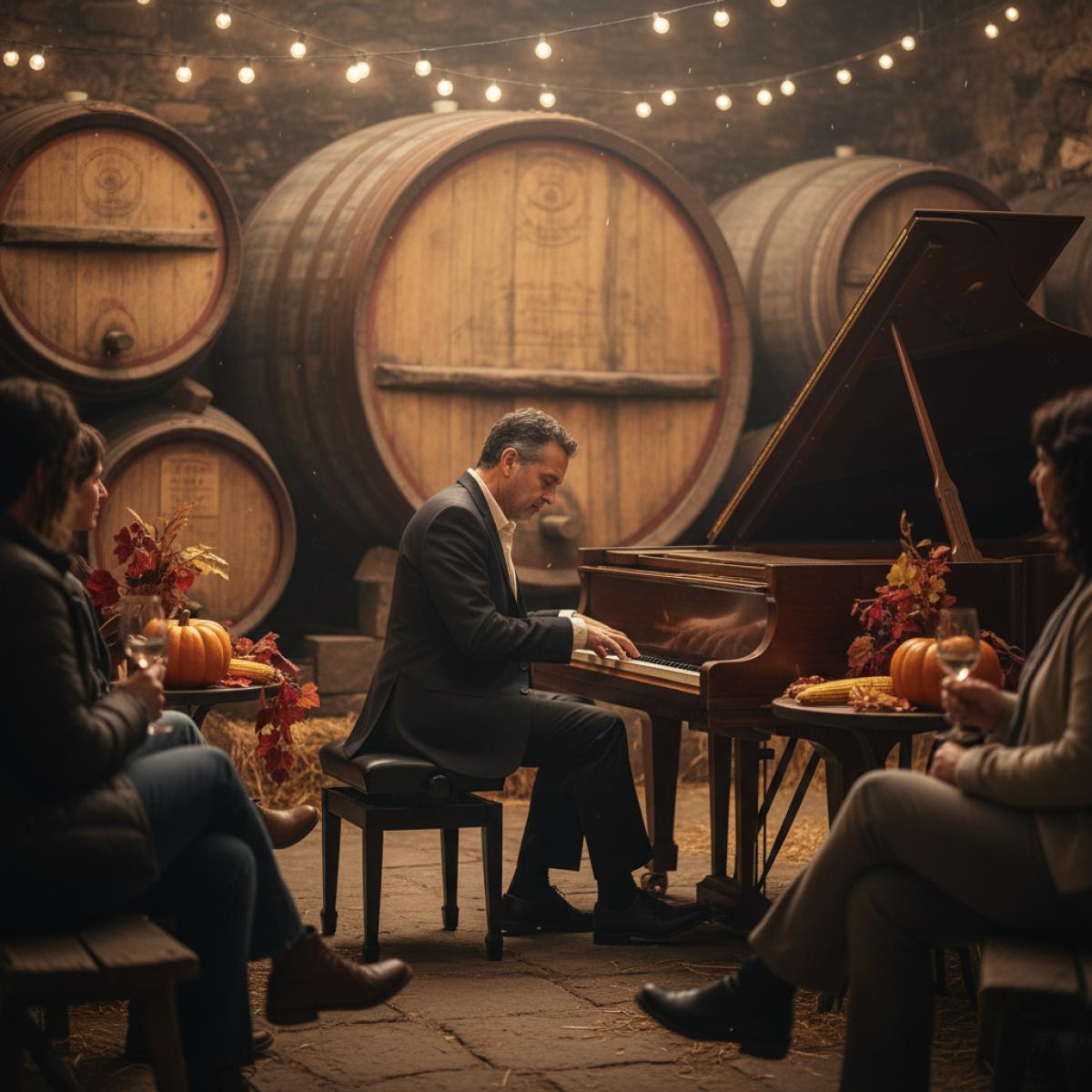 Pianiste de jazz jouant au milieu de grands fûts dans une cave éclairée, public attentif, ambiance de vendanges nocturnes.