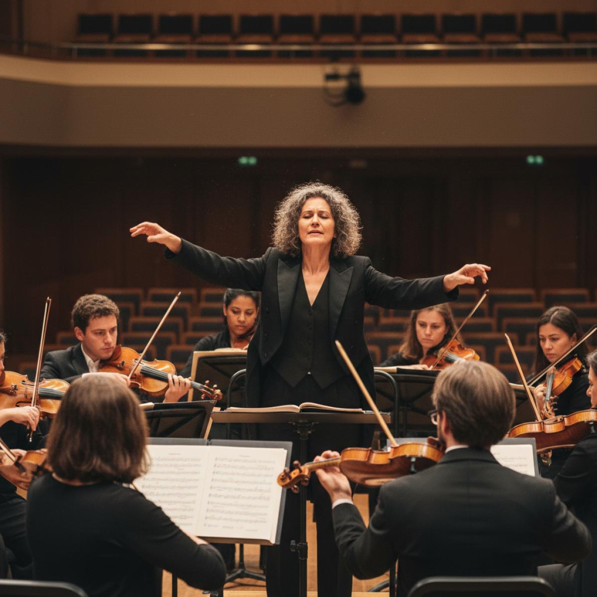 Chef d’orchestre et musiciens sur scène, lumière dorée et public attentif, ambiance chaleureuse.