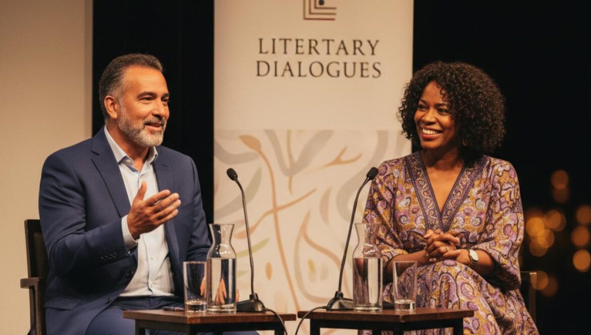 Deux auteurs sur scène, éclairage chaleureux, en pleine conversation au théâtre, microphones à la main.