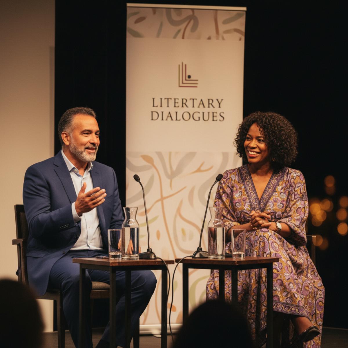 Deux auteurs sur scène, éclairage chaleureux, en pleine conversation au théâtre, microphones à la main.