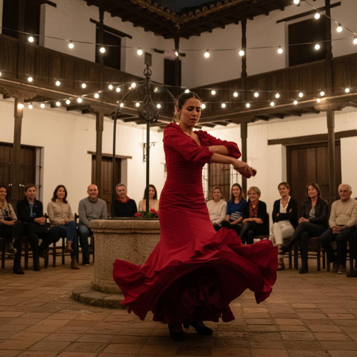 Bailaora flamenca dans un patio andalou blanc, balcon en bois et puits central, ambiance nocturne chaleureuse.