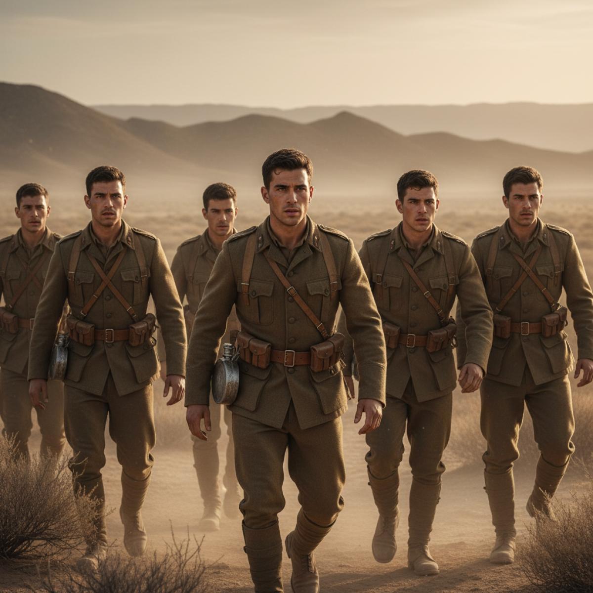 Groupe de soldats en uniforme ancien avançant prudemment dans un désert andalou au lever du soleil.