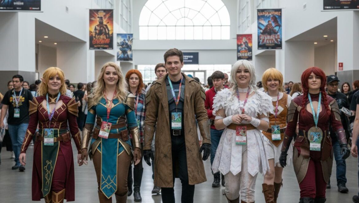 Cosplayeurs dans un hall de congrès lumineux, costumes colorés et badges visibles, ambiance pop culture.