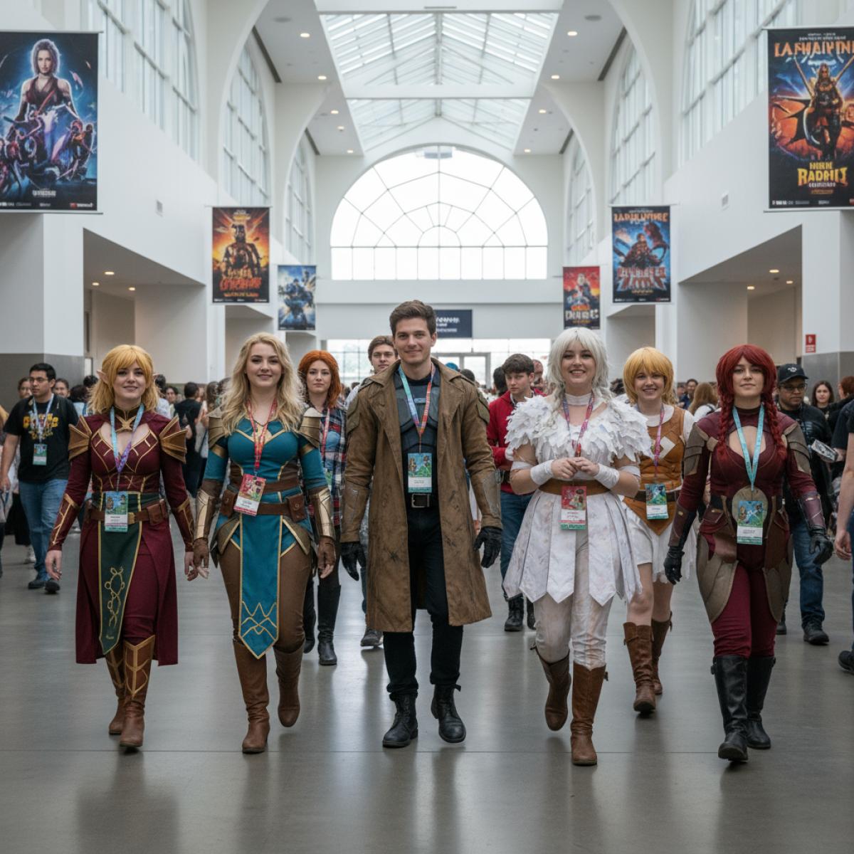 Cosplayeurs dans un hall de congrès lumineux, costumes colorés et badges visibles, ambiance pop culture.