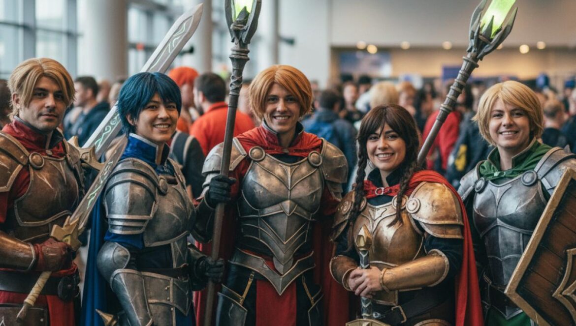 Groupe de cosplayers avançant dans un hall de convention lumineux, costumes colorés et accessoires soignés.