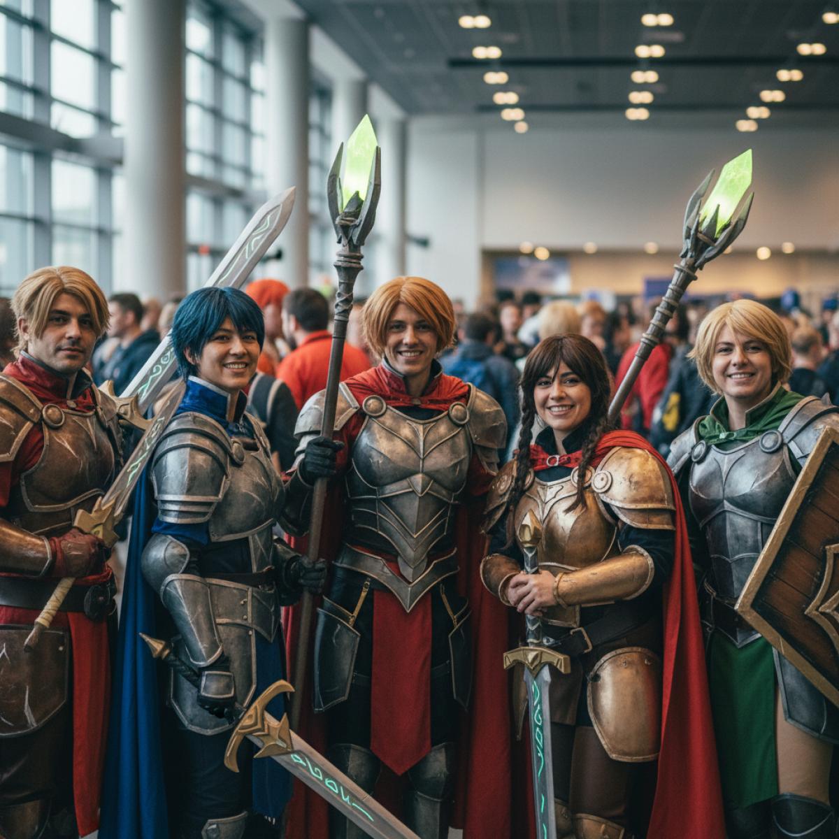 Groupe de cosplayers avançant dans un hall de convention lumineux, costumes colorés et accessoires soignés.