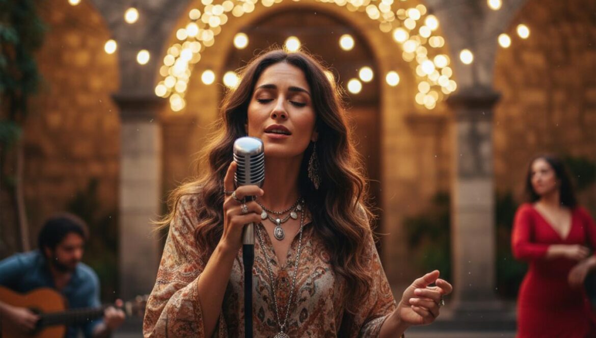 Chanteuse sur scène dans une cour andalouse, lumières chaudes et écho flamenco.