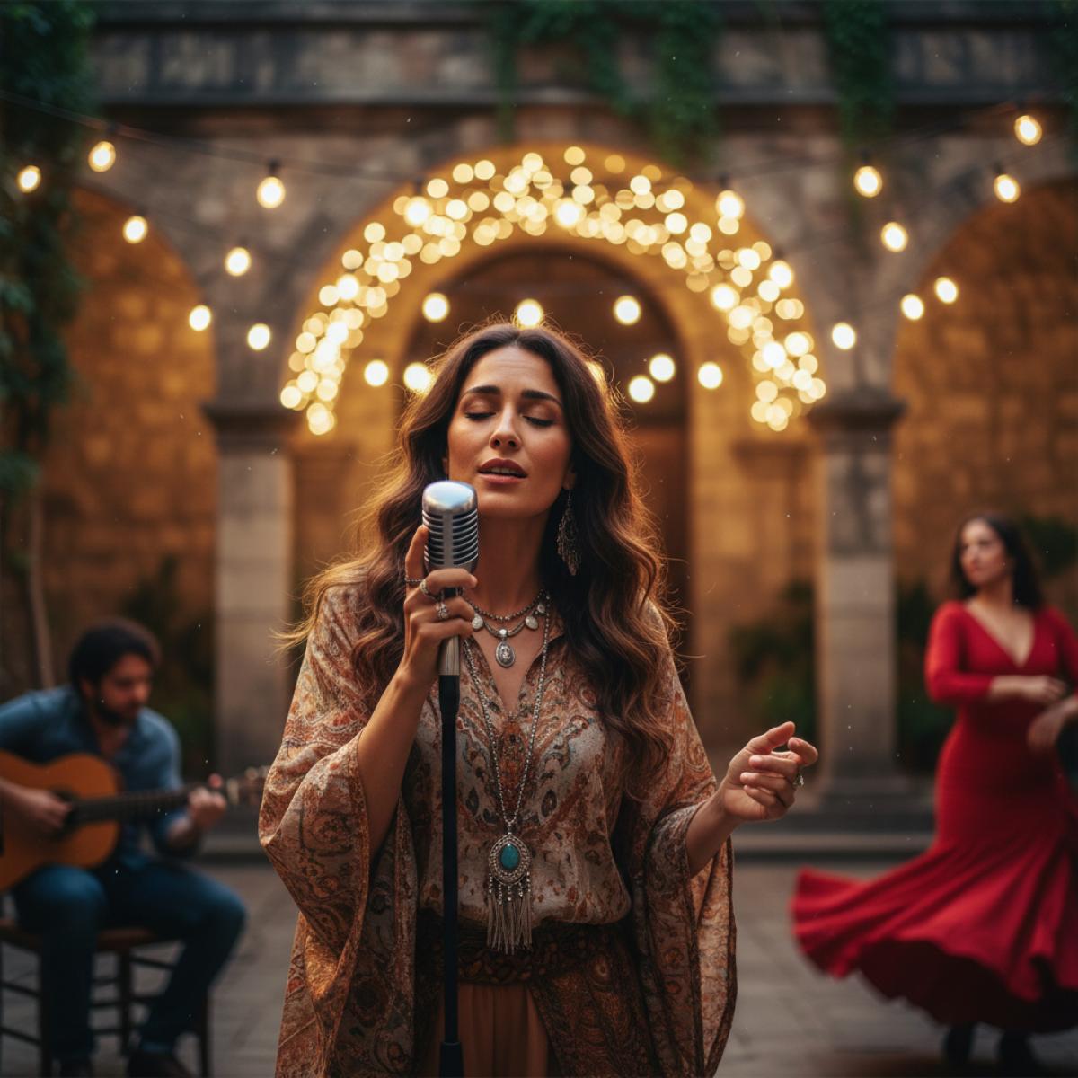 Chanteuse sur scène dans une cour andalouse, lumières chaudes et écho flamenco.
