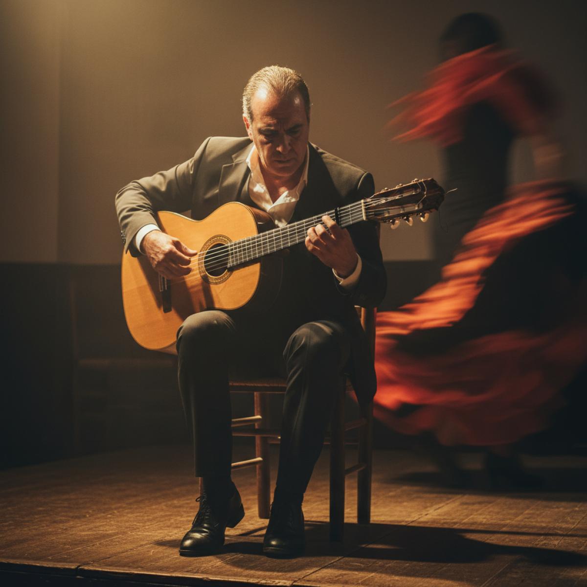 Guitariste flamenco sur une petite scène, éclairage chaud, danseuse floue en arrière-plan.