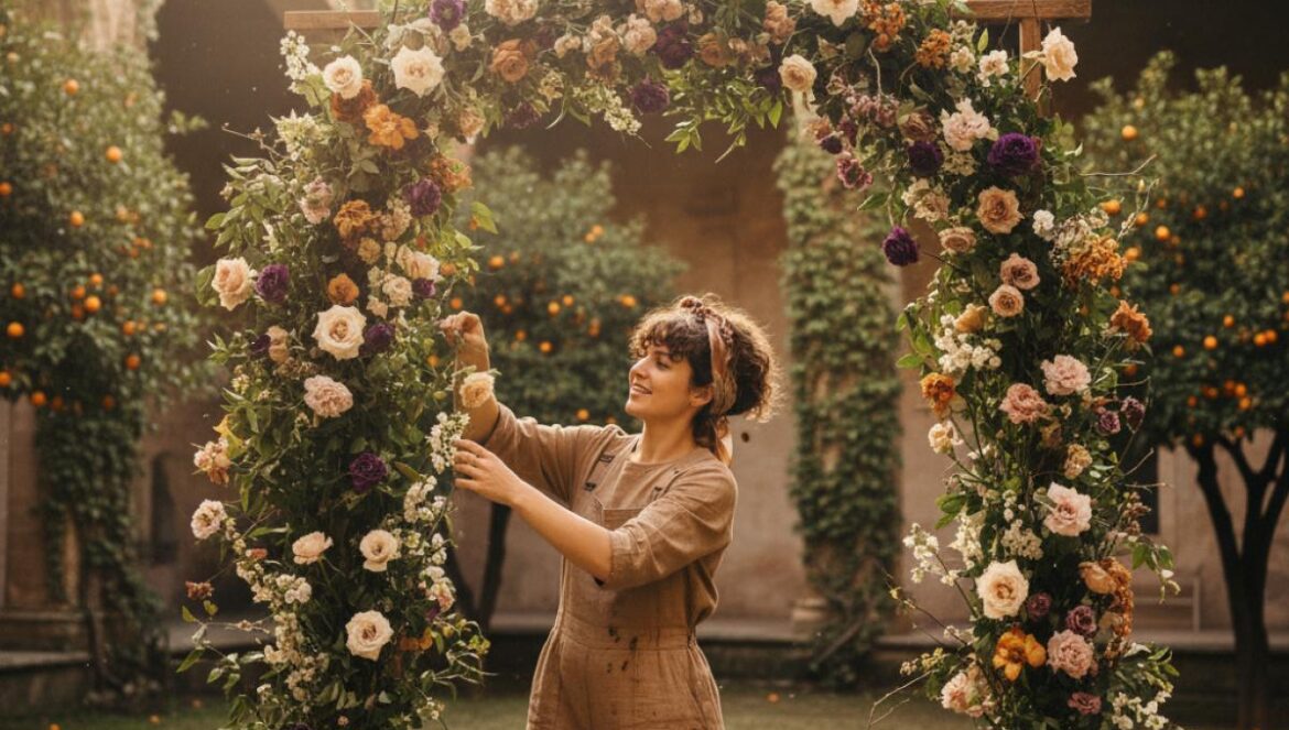 Artiste florale installant une structure végétale dans un patio historique aux arches et orangers, en fin d’après-midi.