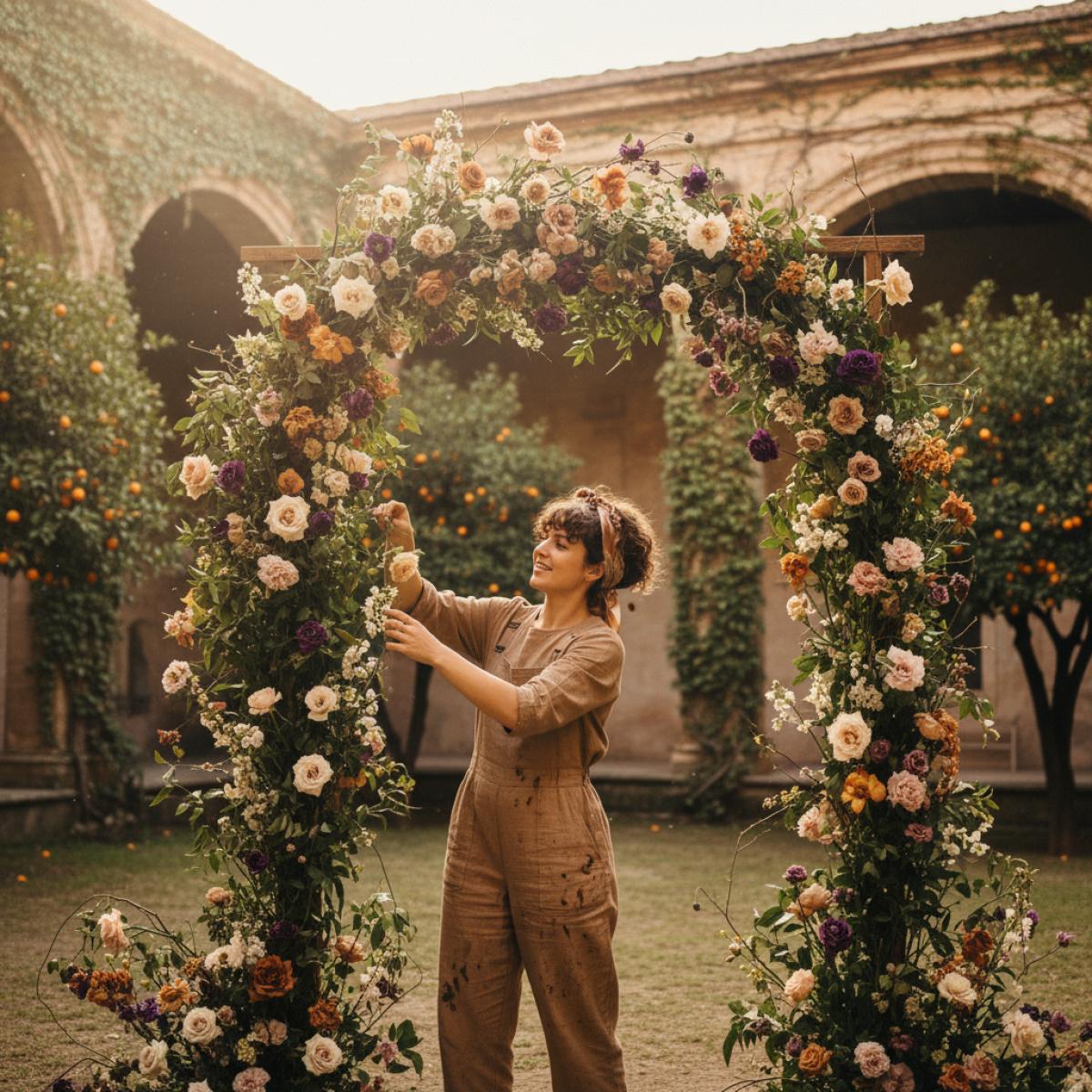 Artiste florale installant une structure végétale dans un patio historique aux arches et orangers, en fin d’après-midi.