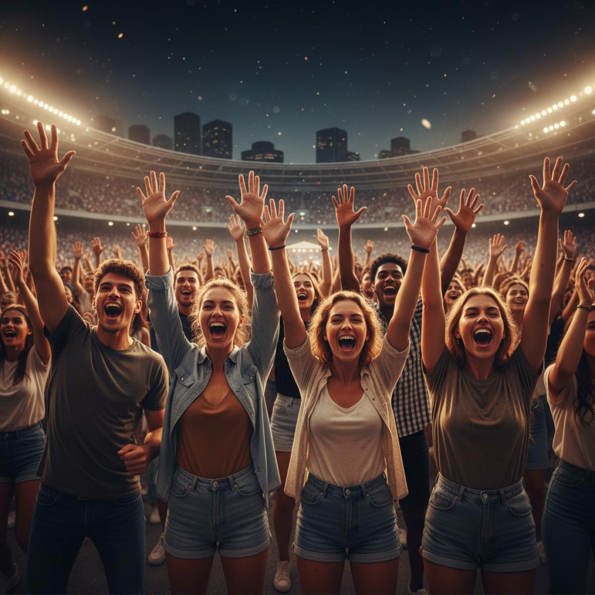 Public enthousiaste dans une arène en plein air, baigné de lumières chaudes, pendant un grand concert nocturne.