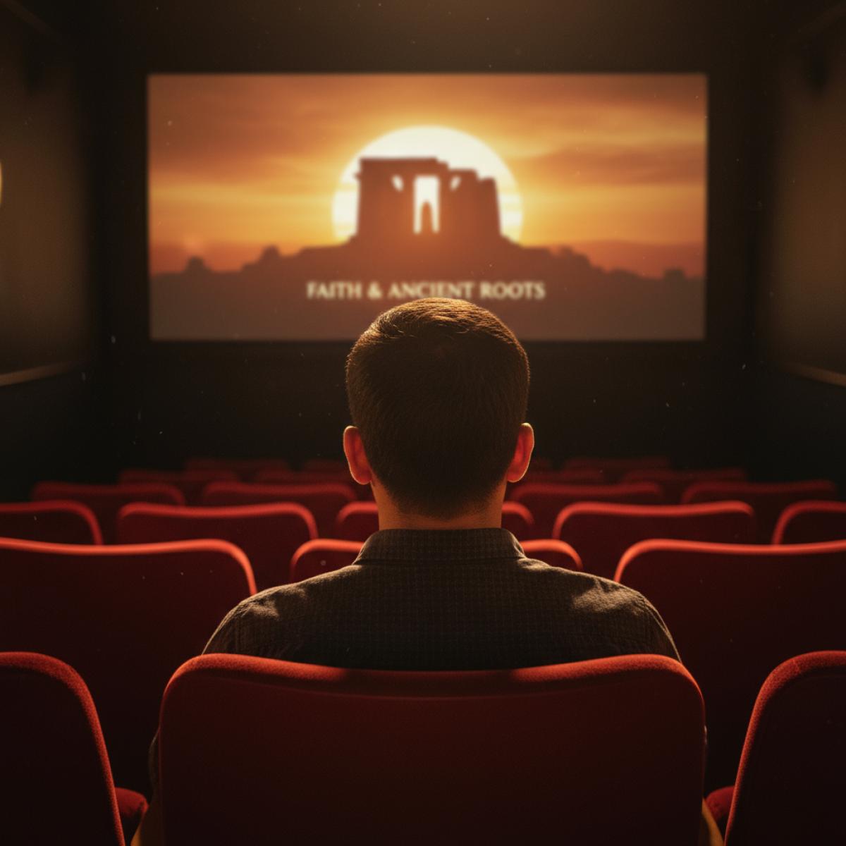 Spectateur concentré dans une petite salle, lumière chaude et sièges rouges, regard fixé sur un film de processions.
