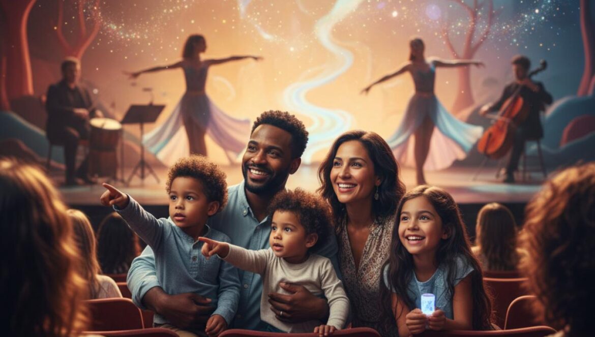 Familles et enfants captivés par un spectacle musical sur scène dans un théâtre chaleureux.