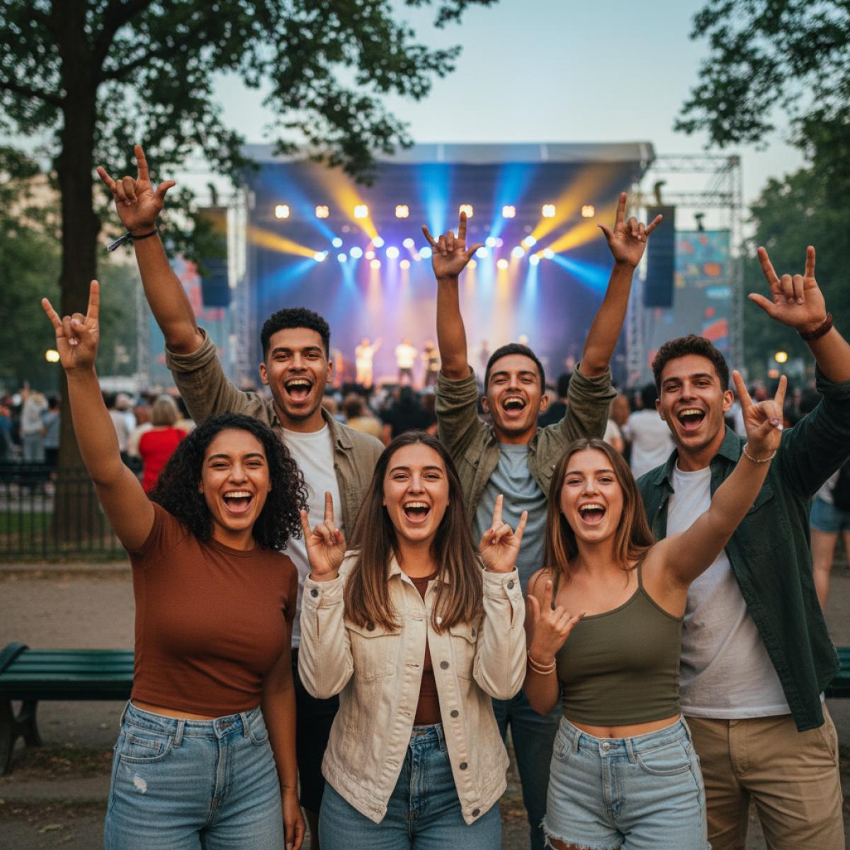 Foule compacte devant une scène extérieure au crépuscule, lumières chaudes et ambiance festive.