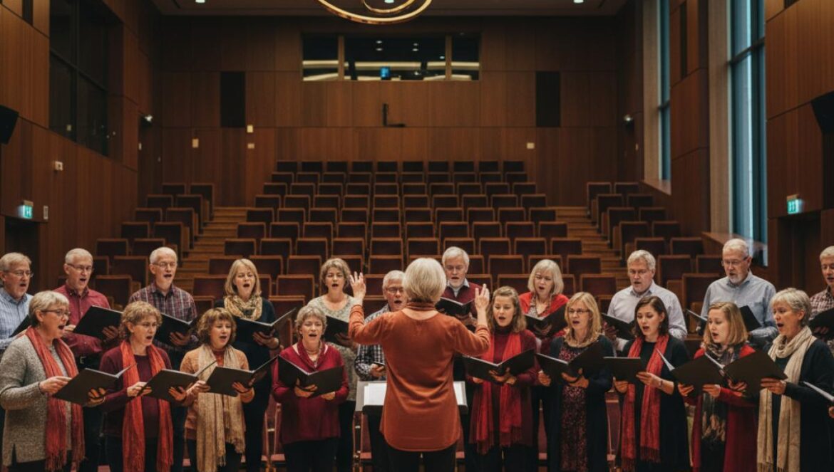 Choristes de tous âges en répétition dans un auditorium, partitions en main, chef au centre.