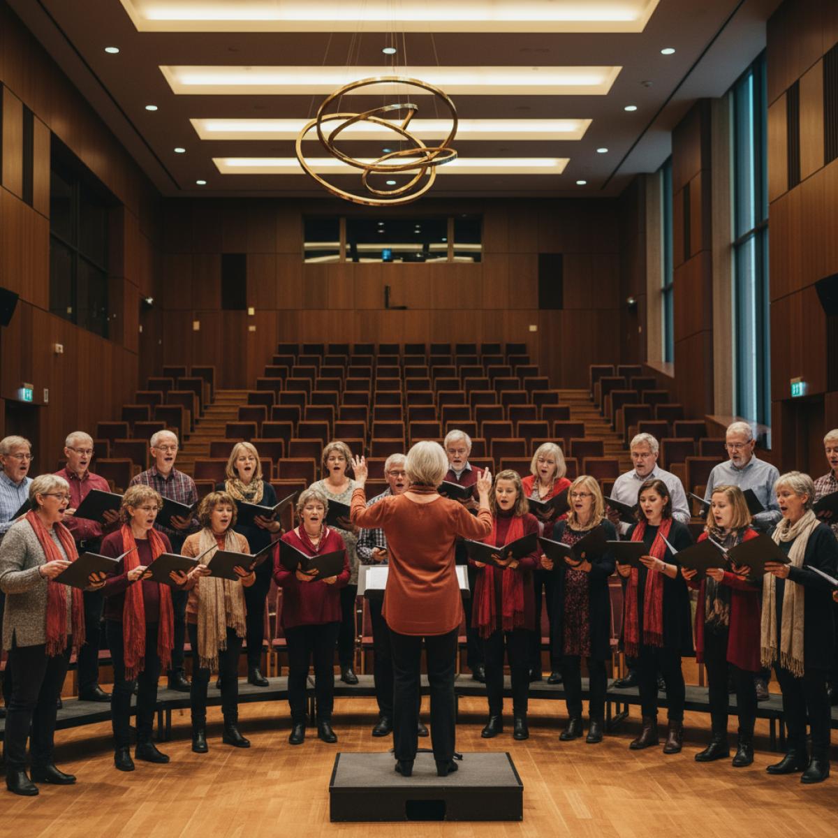 Choristes de tous âges en répétition dans un auditorium, partitions en main, chef au centre.