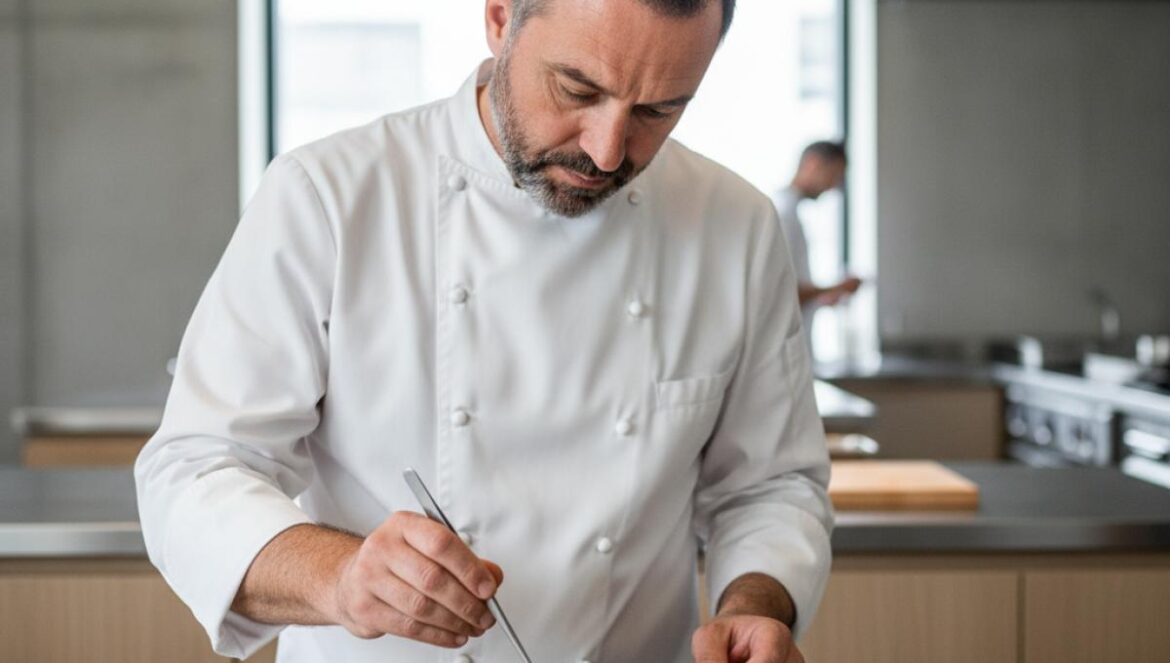 Chef en veste blanche dressant une assiette raffinée dans une cuisine épurée, lumière douce.