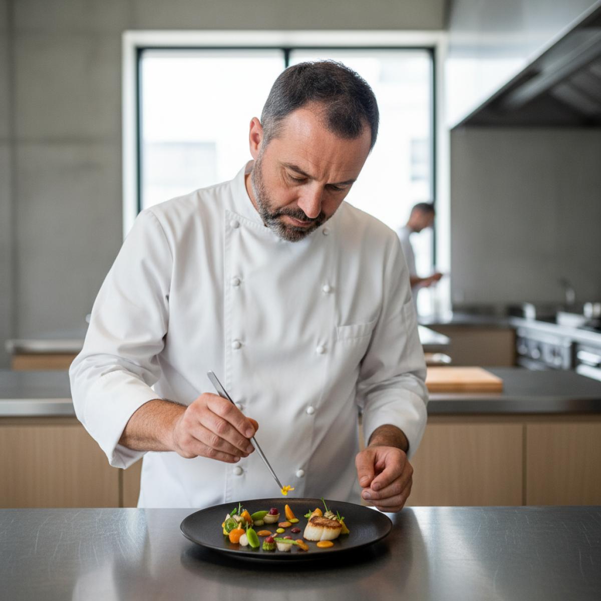 Chef en veste blanche dressant une assiette raffinée dans une cuisine épurée, lumière douce.