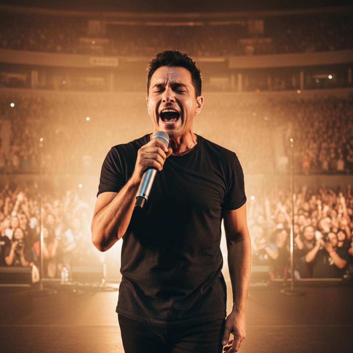 Chanteur andalou sur scène, micro en main, éclairages chauds et fumée légère, foule floue, énergie authentique.
