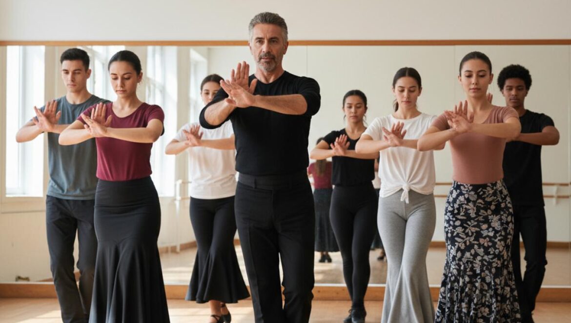 Jeunes artistes concentrés autour d’un maestro flamenco dans un studio lumineux à parquet.