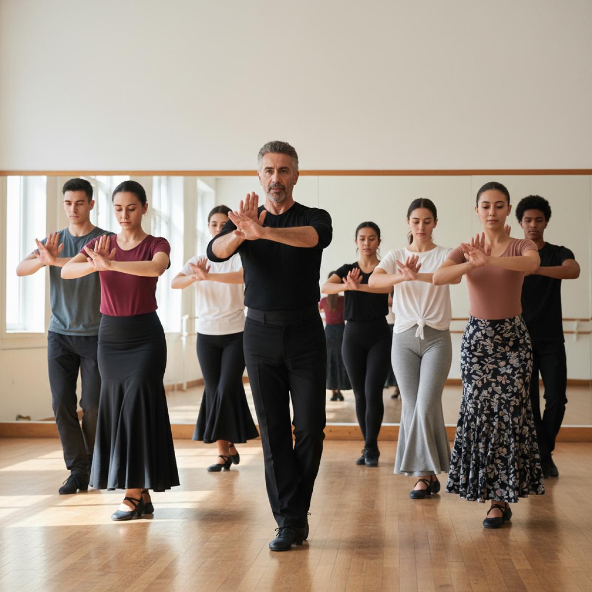 Jeunes artistes concentrés autour d’un maestro flamenco dans un studio lumineux à parquet.