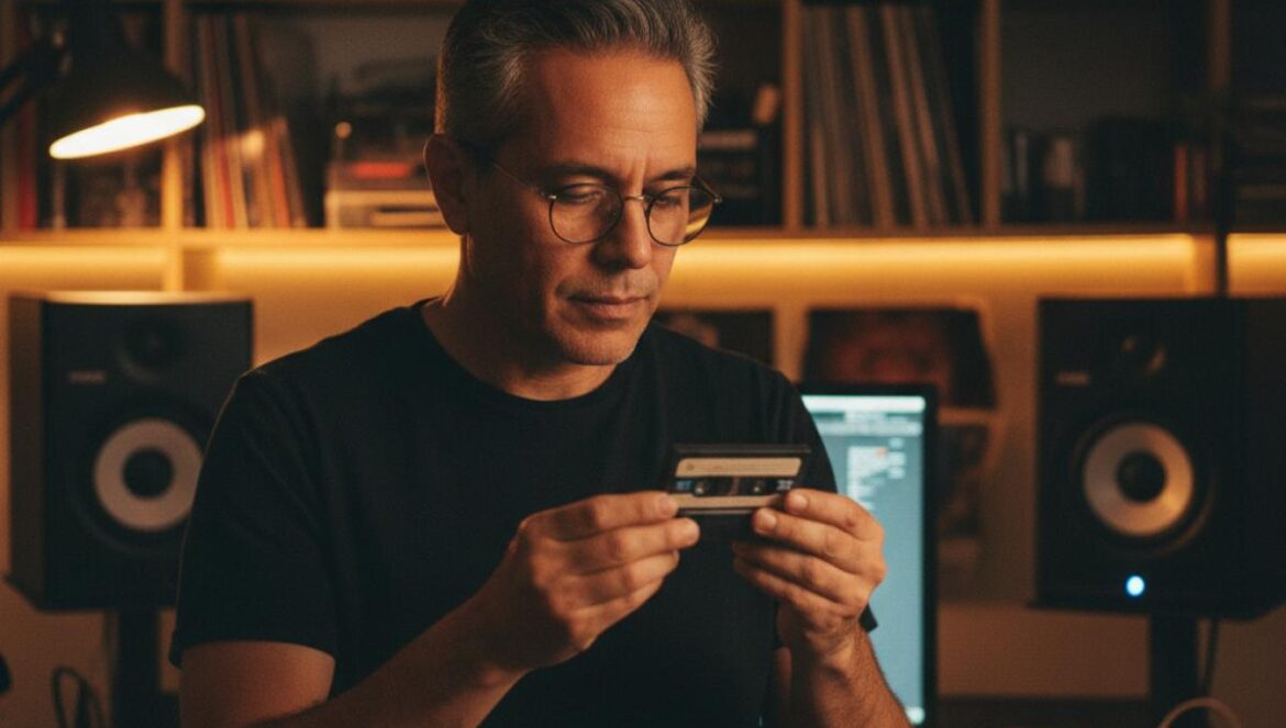 Producteur en studio manipulant une cassette ancienne près d’une console audio, éclairage chaud.