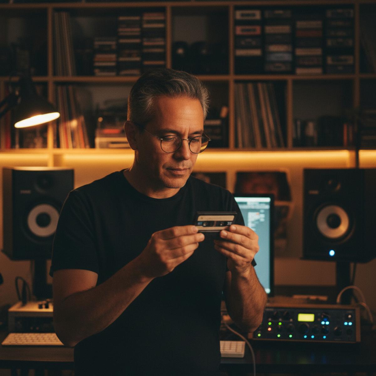 Producteur en studio manipulant une cassette ancienne près d’une console audio, éclairage chaud.