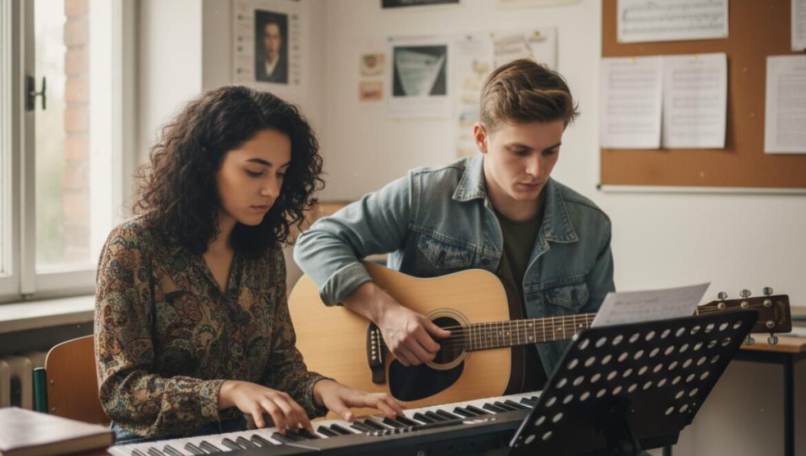 Deux jeunes musiciens répètent guitare et clavier dans une salle simple, lumière douce et partitions au mur, concentrés.