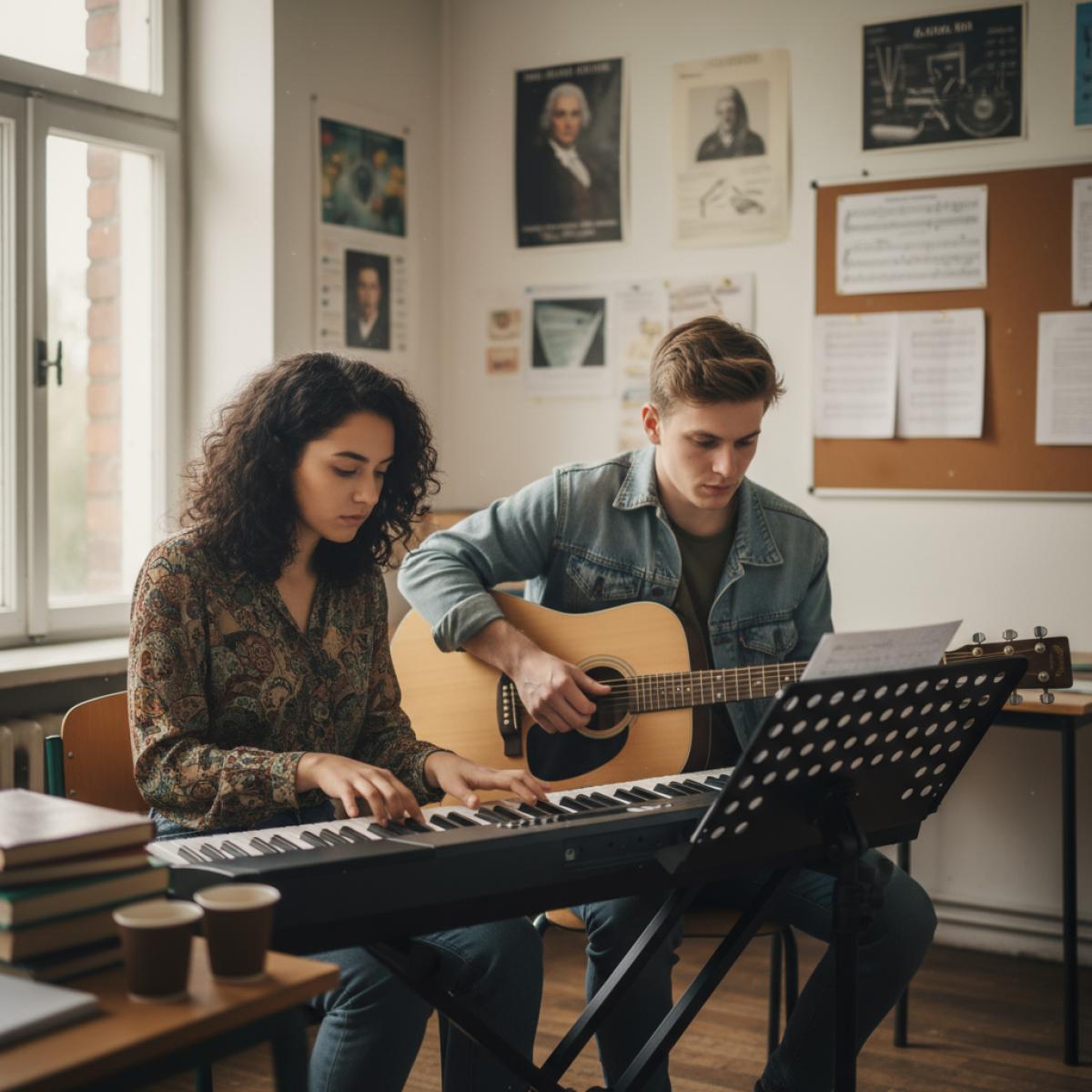 Deux jeunes musiciens répètent guitare et clavier dans une salle simple, lumière douce et partitions au mur, concentrés.