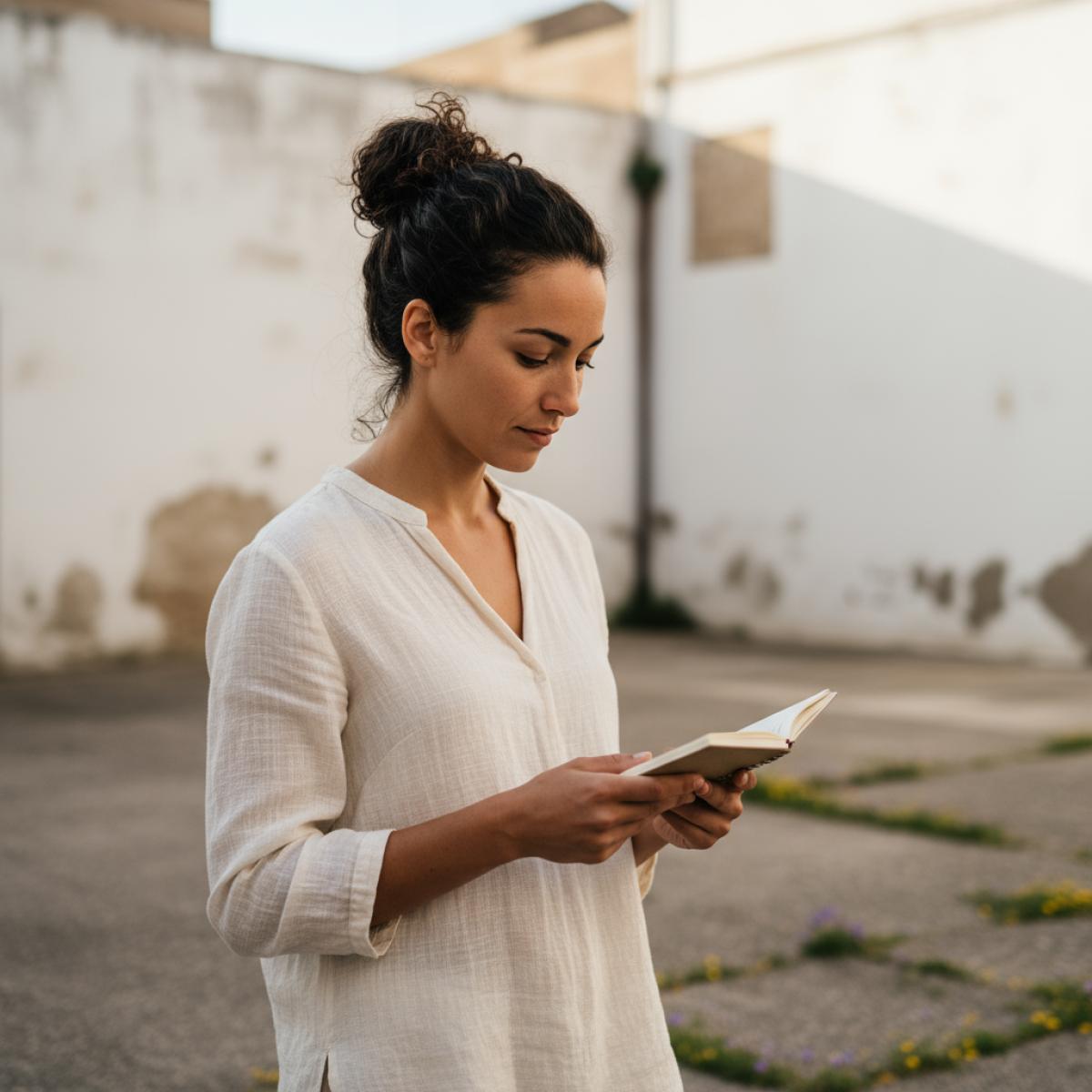 Jeune poète lisant à voix basse près d’un asphalte fissuré où pousse une petite fleur, dans une cour ensoleillée.