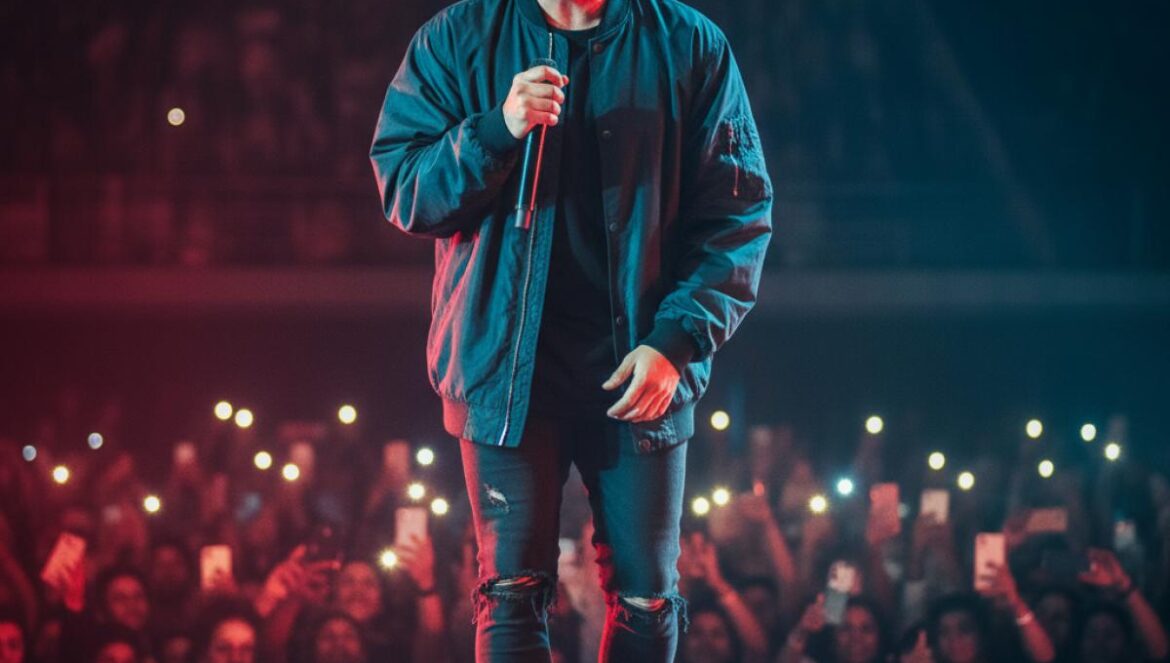 Chanteur latino sur scène, plan poitrine, éclairages rouge et bleu, public agitant des smartphones.