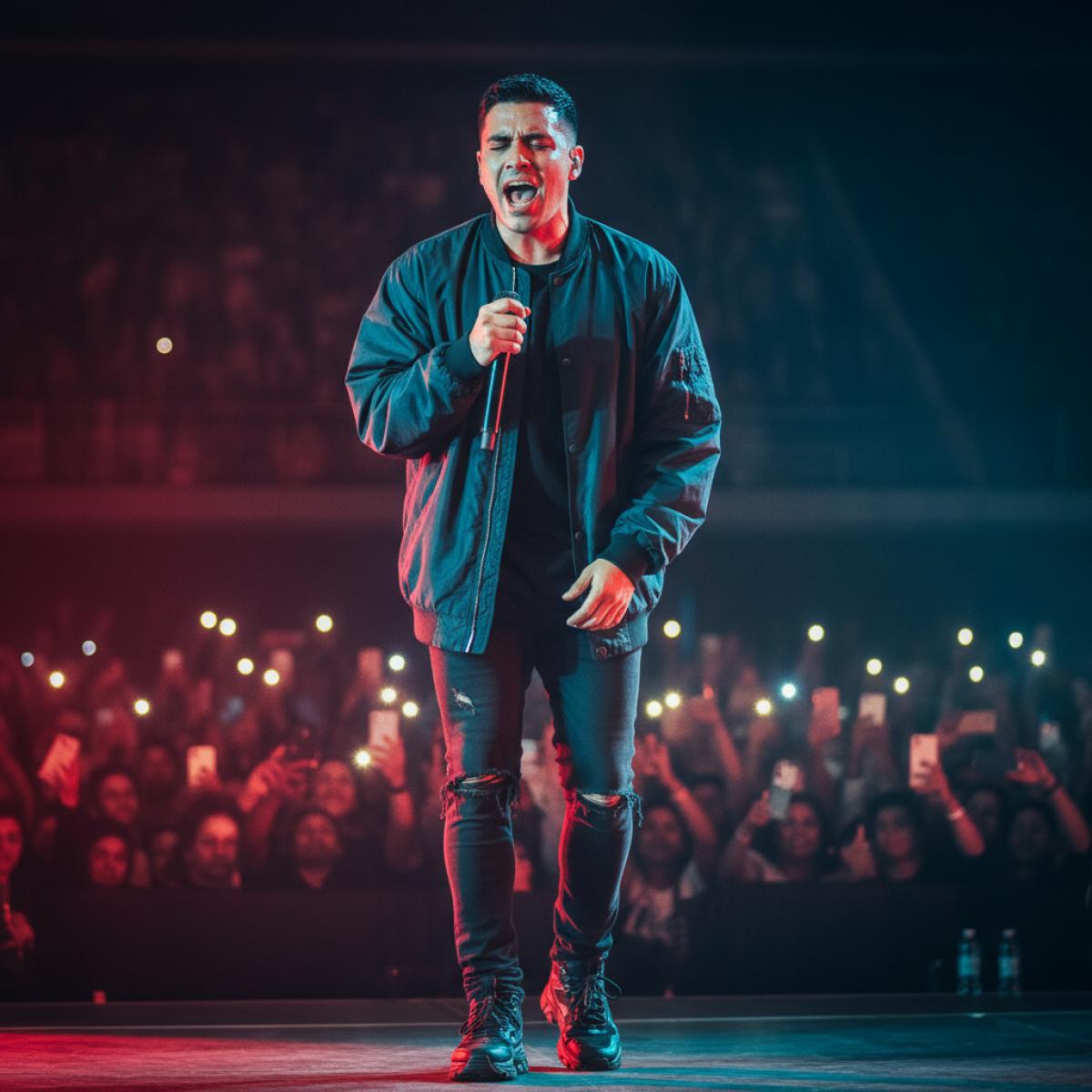 Chanteur latino sur scène, plan poitrine, éclairages rouge et bleu, public agitant des smartphones.