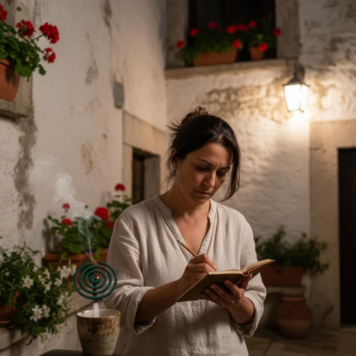 Femme méditerranéenne écrivant la nuit, près d’une spirale anti-moustiques, dans un patio blanc fleuri.