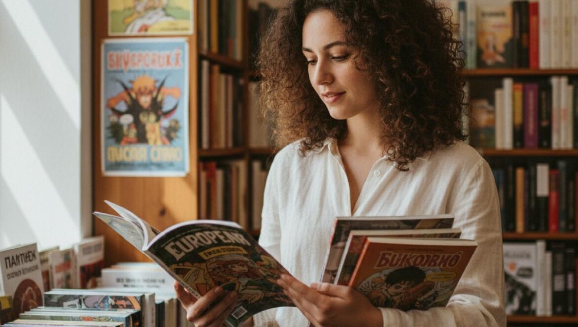 Jeune lectrice feuilletant des albums de BD dans une librairie chaleureuse aux étagères en bois.