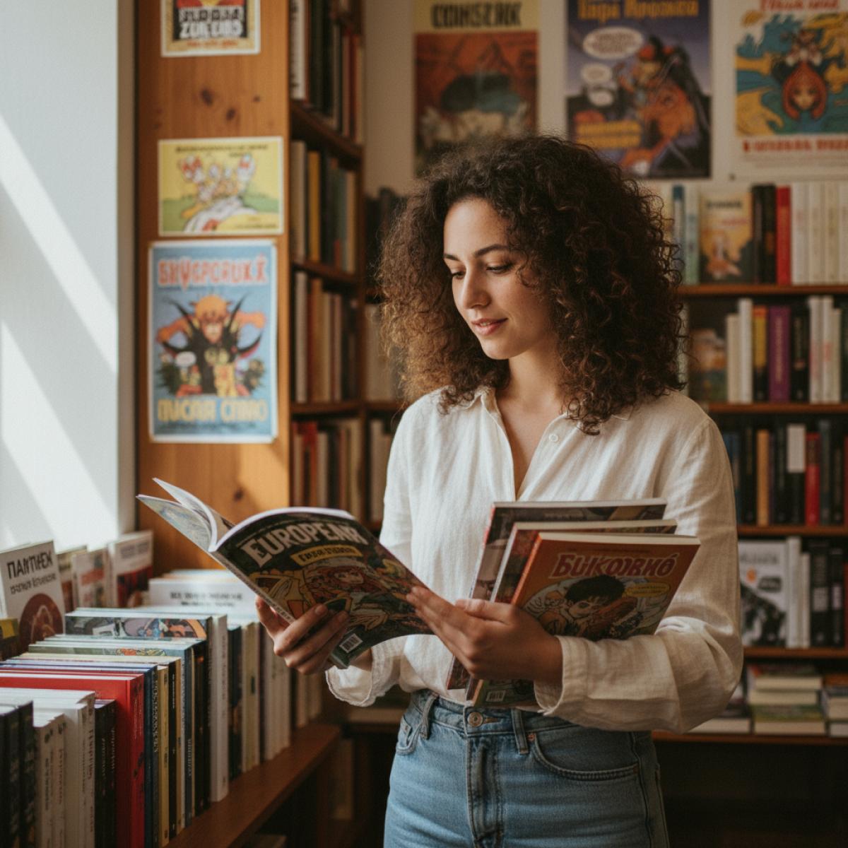 Jeune lectrice feuilletant des albums de BD dans une librairie chaleureuse aux étagères en bois.