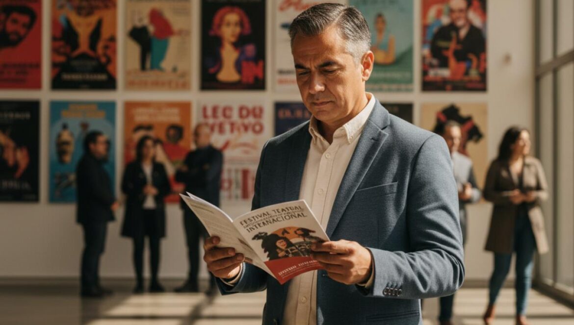 Un visiteur feuillette un programme culturel dans le hall d’une fondation, affiches de théâtre au mur et lumière chaude.
