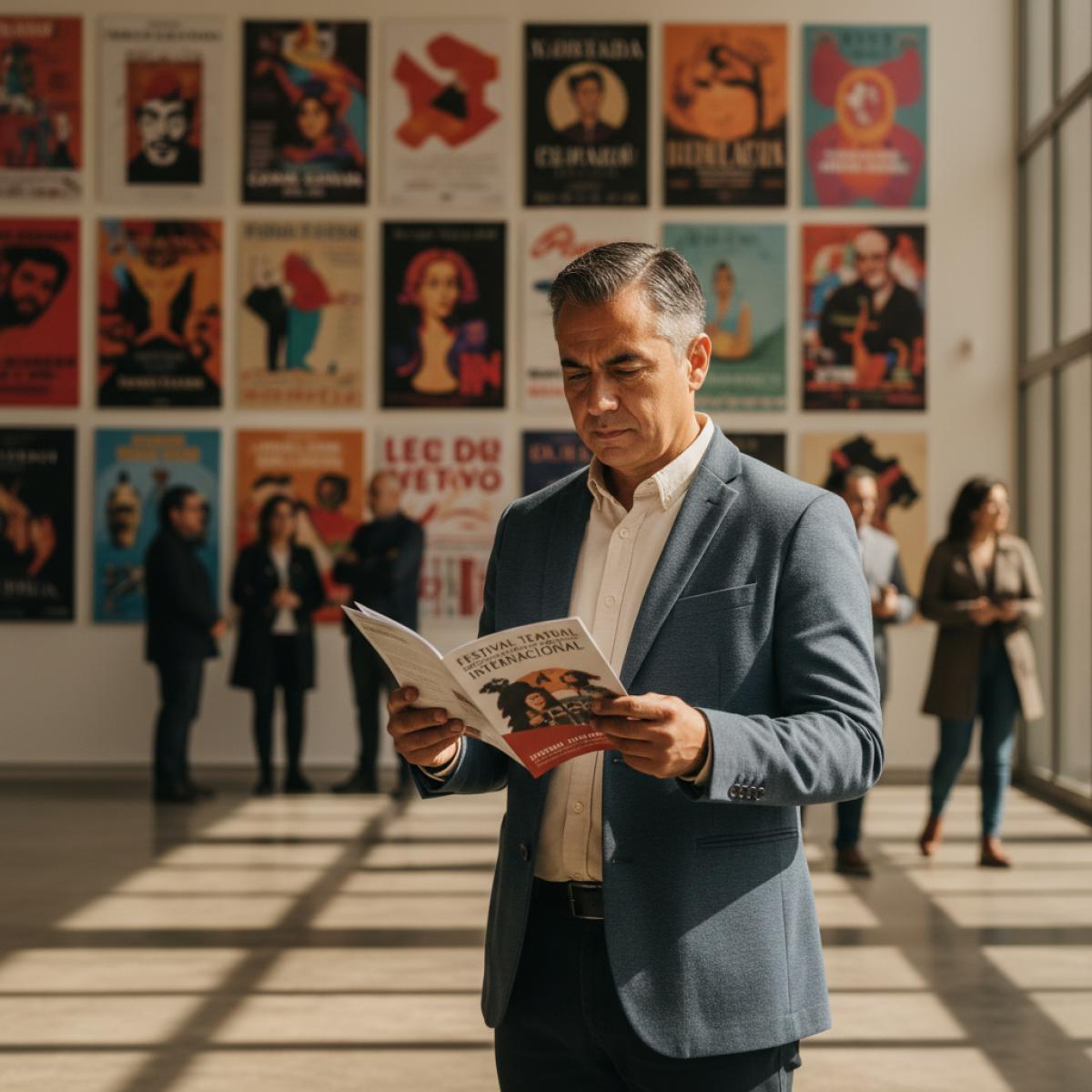 Un visiteur feuillette un programme culturel dans le hall d’une fondation, affiches de théâtre au mur et lumière chaude.