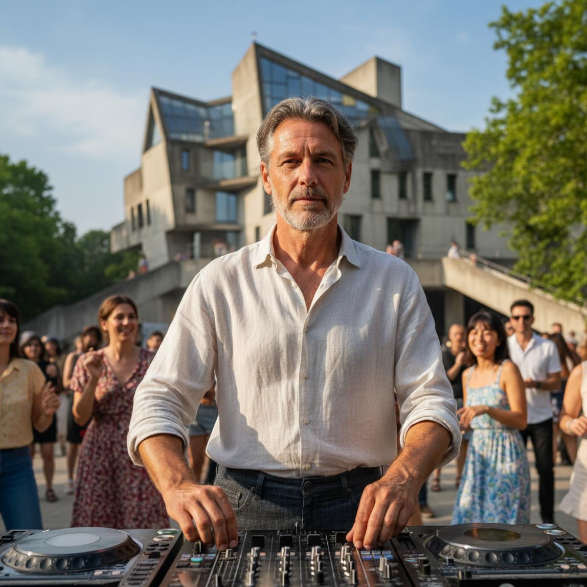 DJ en plein air devant un public détendu, platines au centre et architecture contemporaine en arrière-plan.