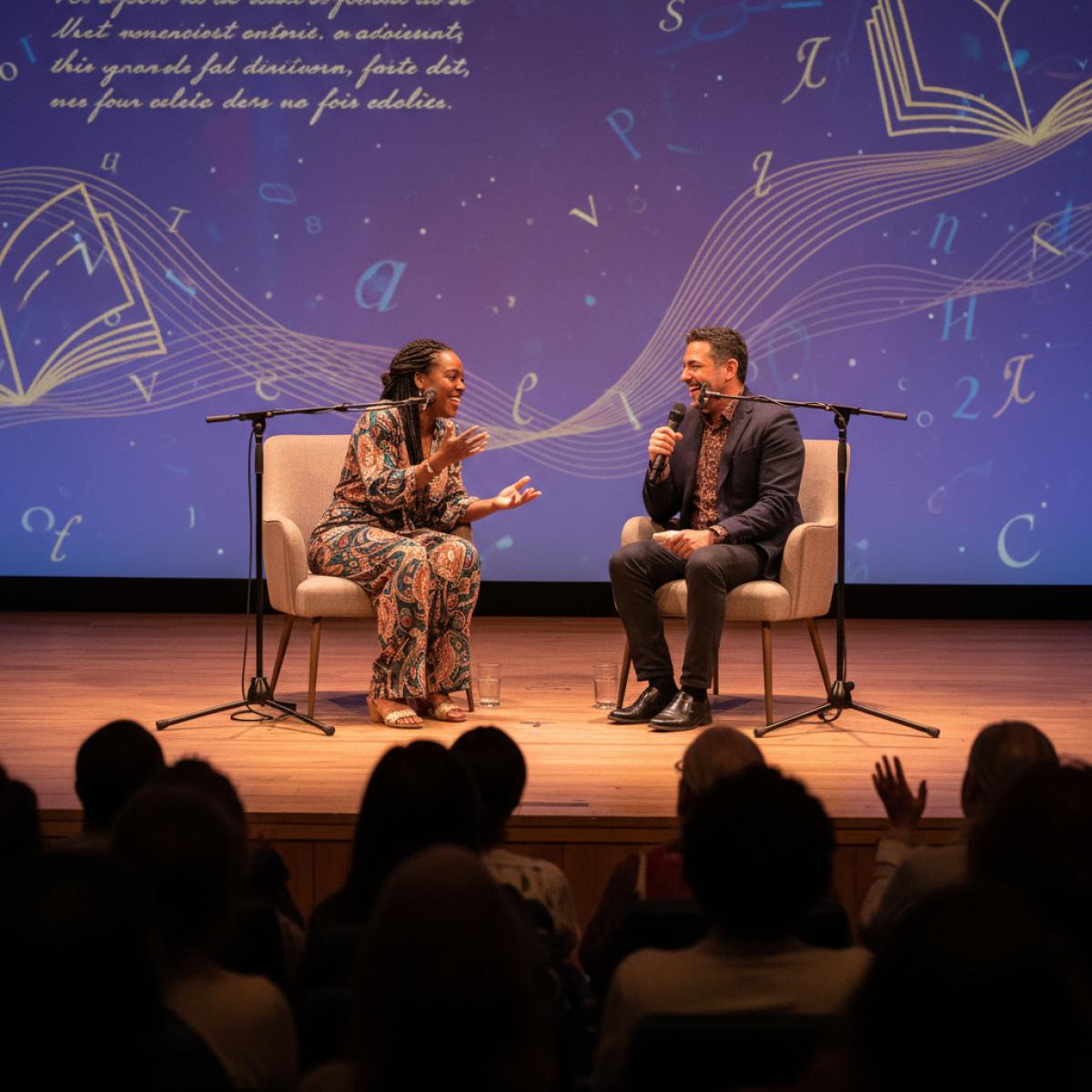 Deux auteurs sur scène, éclairage chaud, débattent poésie et dissidence devant un public captivé.
