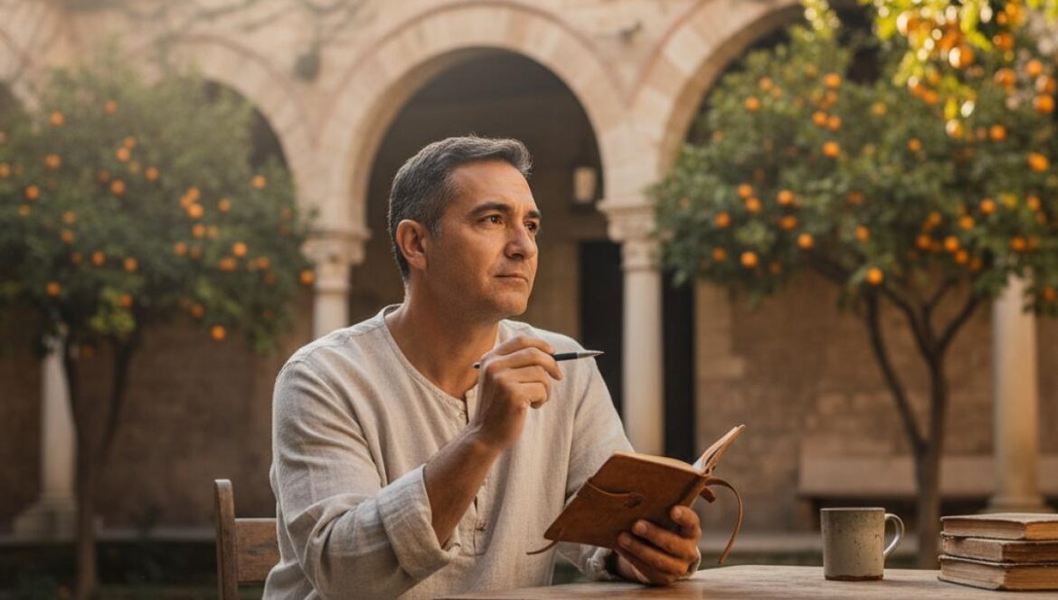 Un écrivain pensif dans un patio andalou, carnet en main, arches mauresques et orangers baignés de lumière dorée.