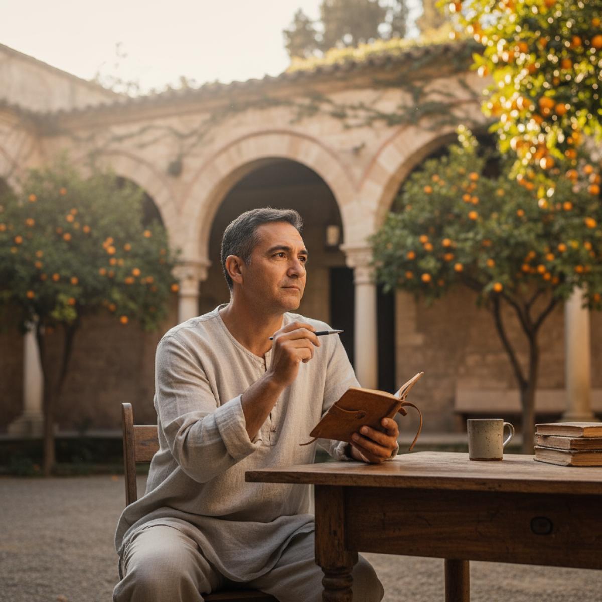 Un écrivain pensif dans un patio andalou, carnet en main, arches mauresques et orangers baignés de lumière dorée.