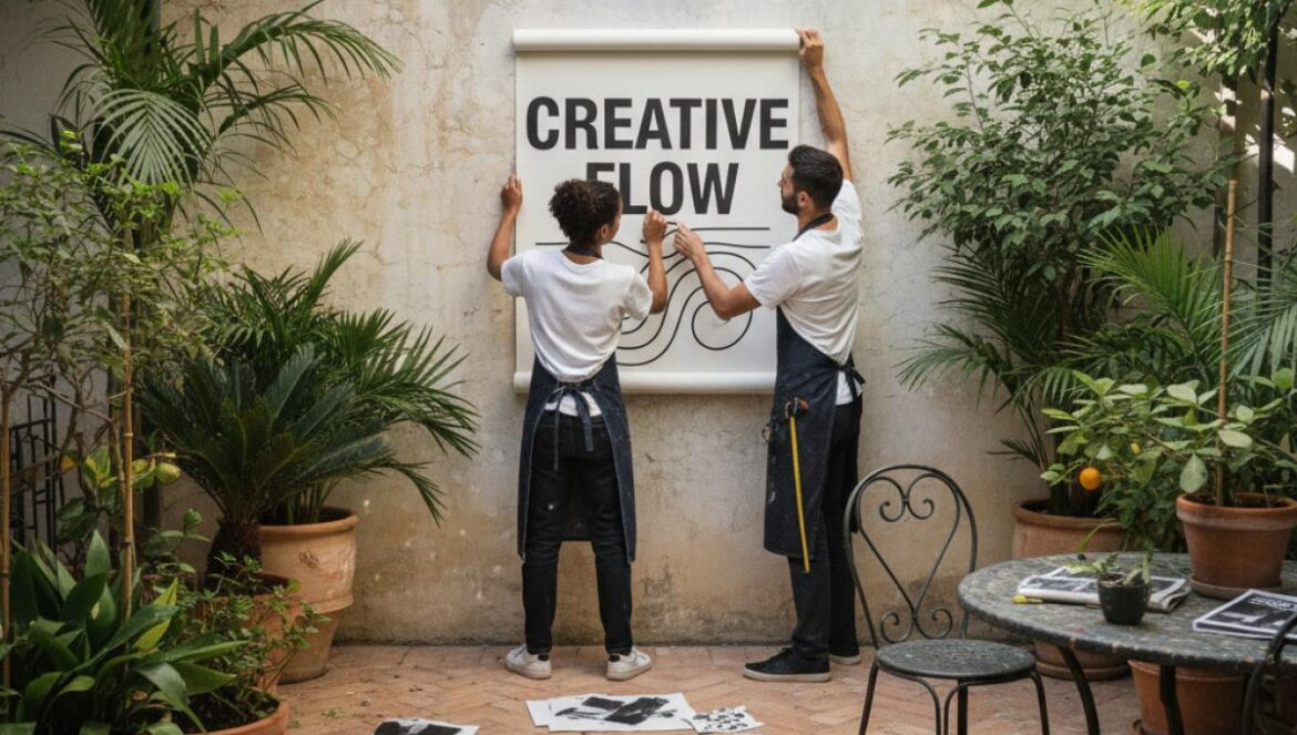 Deux artistes fixent un grand poème typographique sur un mur blanc, au cœur d’un patio fleuri baigné de soleil.
