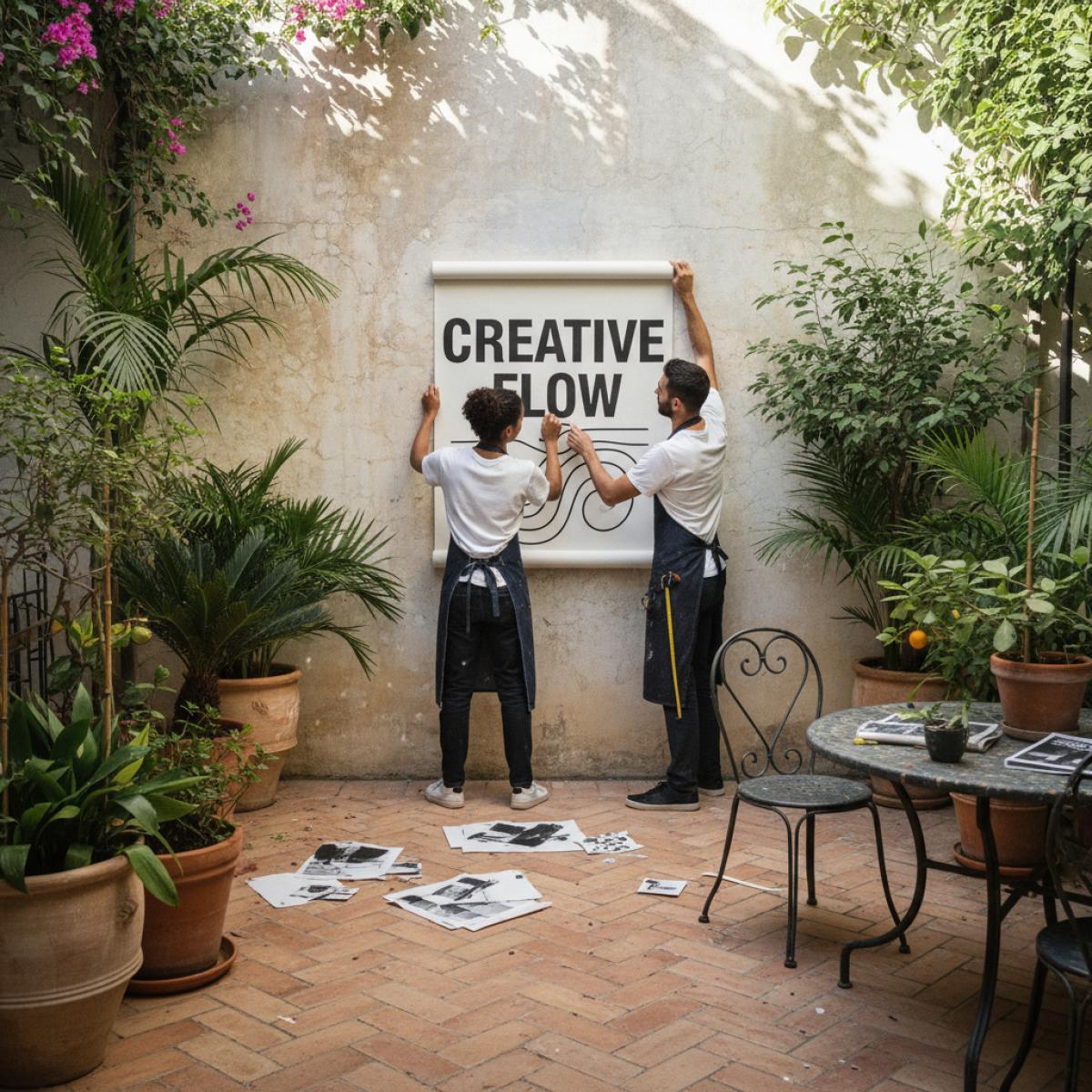 Deux artistes fixent un grand poème typographique sur un mur blanc, au cœur d’un patio fleuri baigné de soleil.