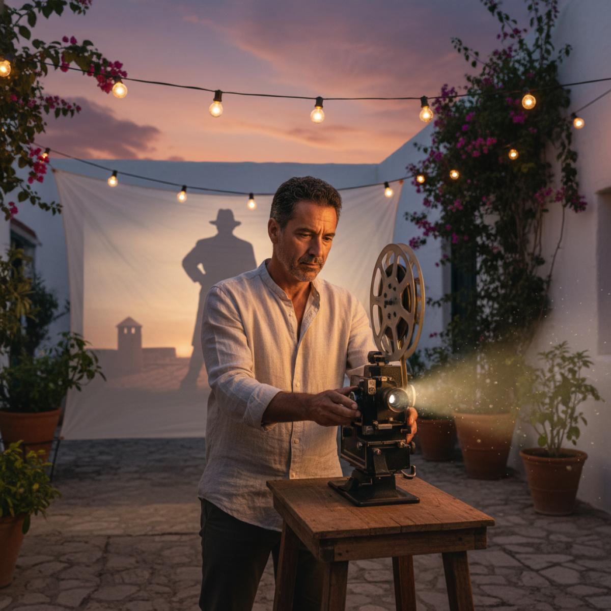 Projection en plein air dans un patio andalou, projecteur allumé, guirlandes et silhouettes de cinéma sur l’écran.