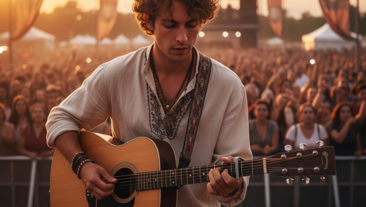 Jeune musicien à la guitare sur une scène de festival au coucher du soleil, public en liesse.